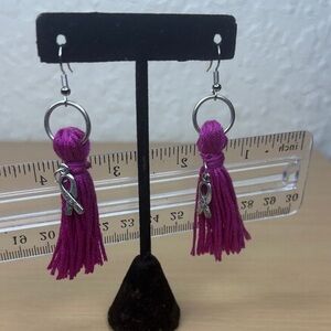 Handmade Fuchsia Tassel Drop Earrings with Ribbon Charm